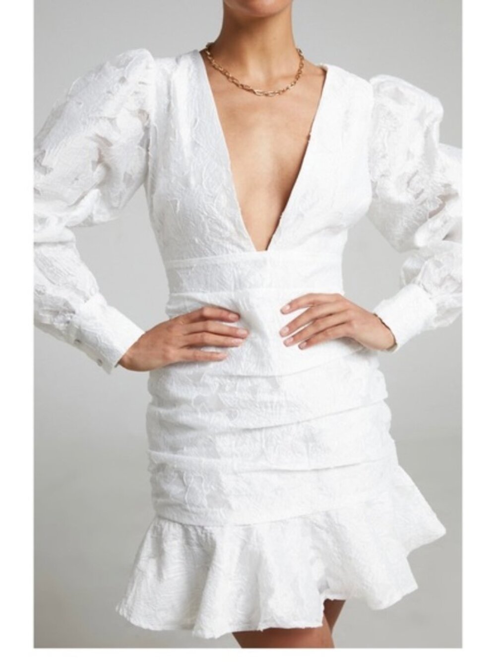 Showpo Womens Baxia Textured Balloon Sleeve Mini Dress White US 16 New